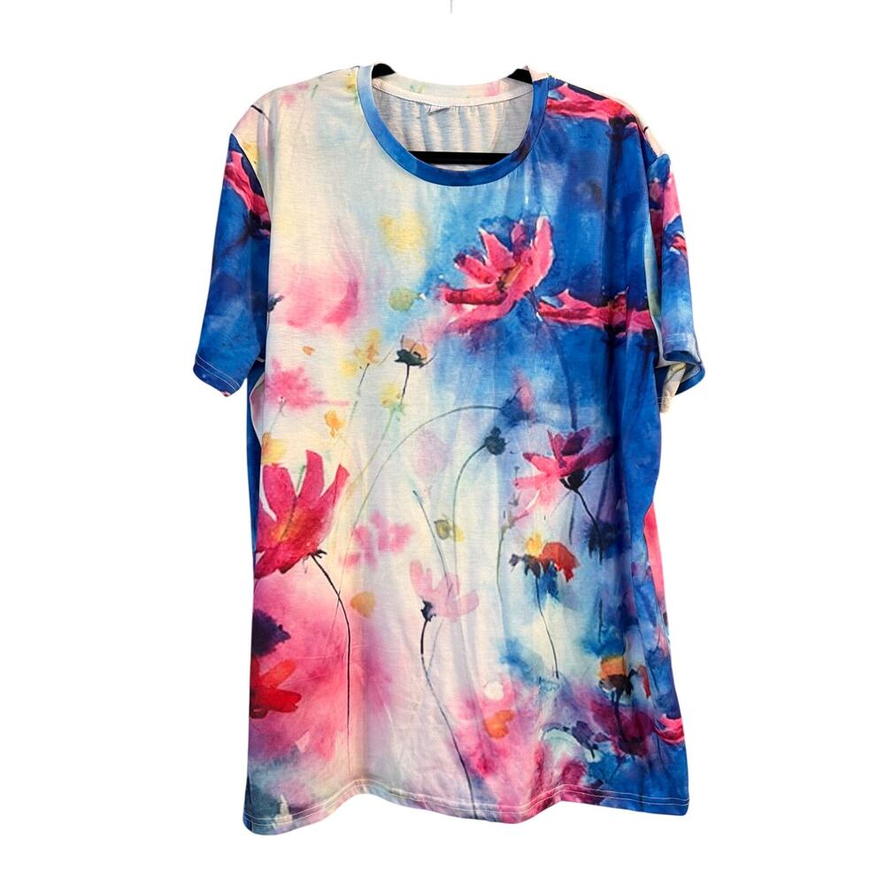 Women's Plus Size Blue White & Pink All Over Floral Pattern T-Shirt Size 3XL